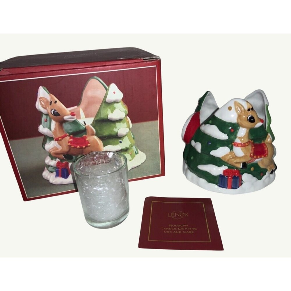Rudolph Candle Light Holder Ceramic Christmas Decor Featuring Santa & Reindeer
